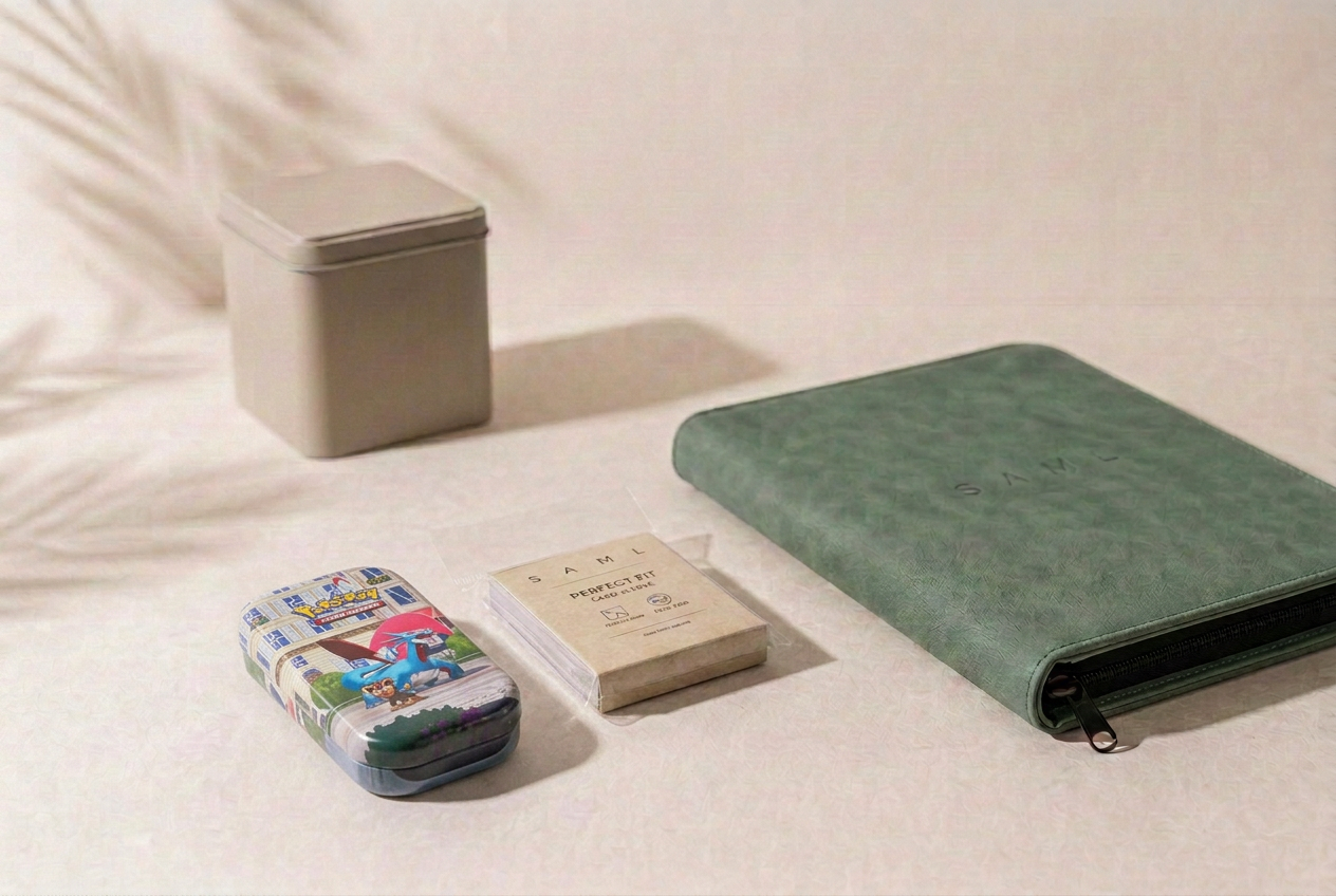 SAML Perfect Fit Card Sleeves staplade bredvid en grön SAML Binder och en anonym samlarask